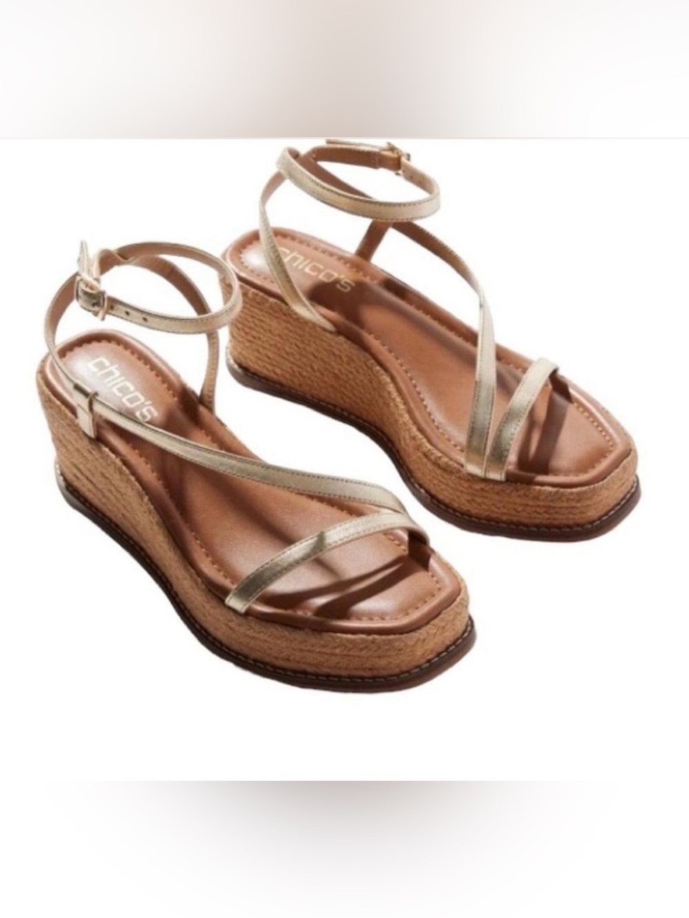 Chico's Metallic Gold Espadrille Ankle-Strap Wedges